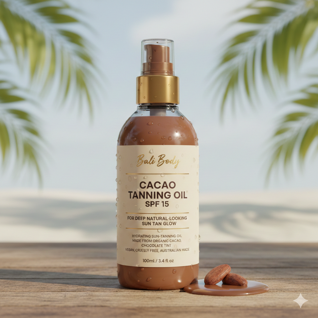 Bali Body Cacao Tanning Oil SPF 15 | For Deep Natural-Looking Sun Tan Glow | Hydrating Sun-Tanning Oil Made from Organic Cacao, Chocolate Tint | Vegan, Cruelty Free, Australian Made (100ml/3.4 fl oz)
