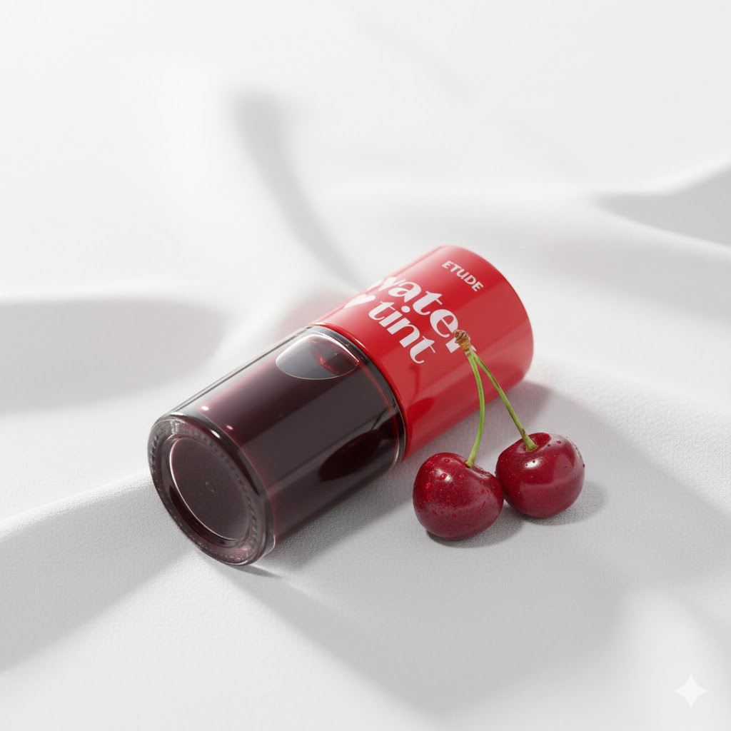 ETUDE Dear Darling Water Tint – Cherry Ade (9g) delivers a vibrant cherry-red stain with a lightweight, water-based formula that feels fresh and non-sticky.